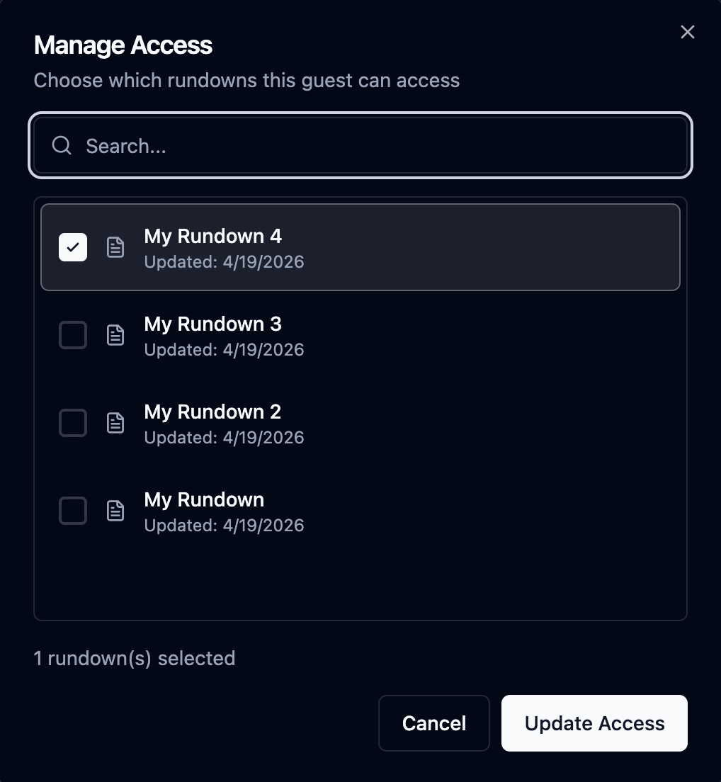 Guest role invitation with rundown selector