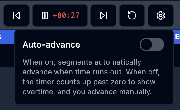 Showcaller overtime mode with auto-advance toggle