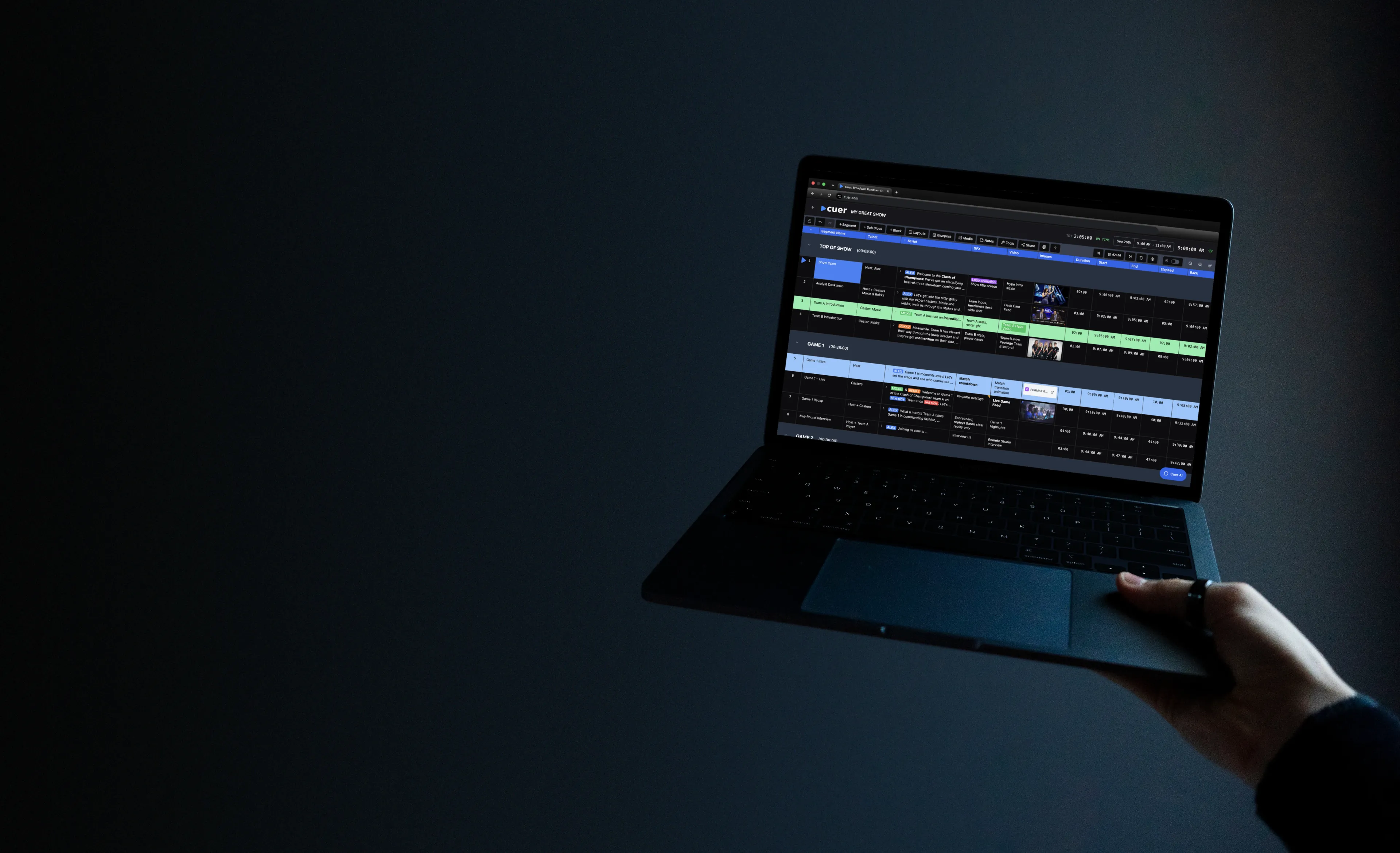 Cuer Live Rundown Software on Laptop