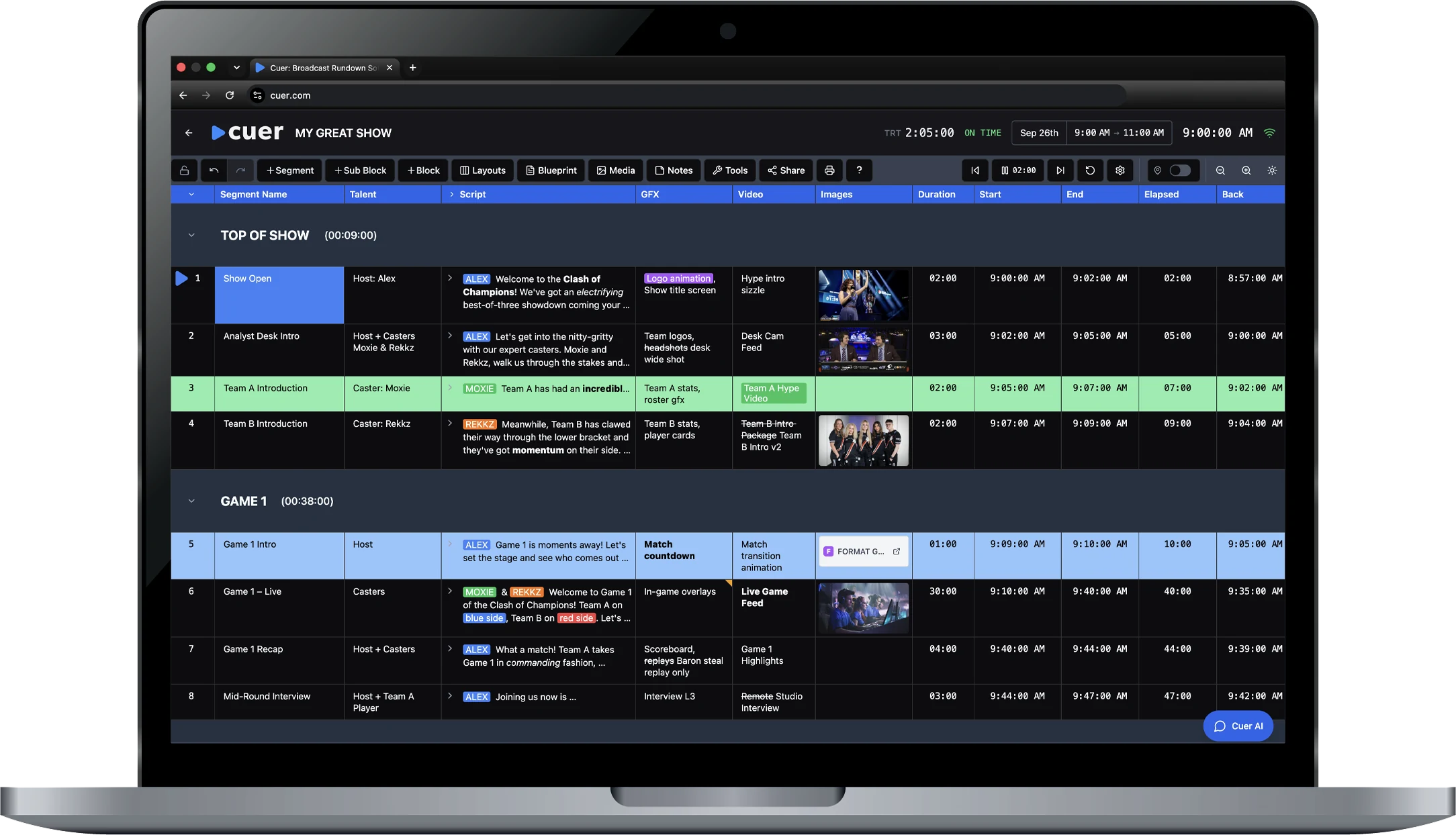 Cuer Live Professional Rundown Software Interface for Broadcast Production