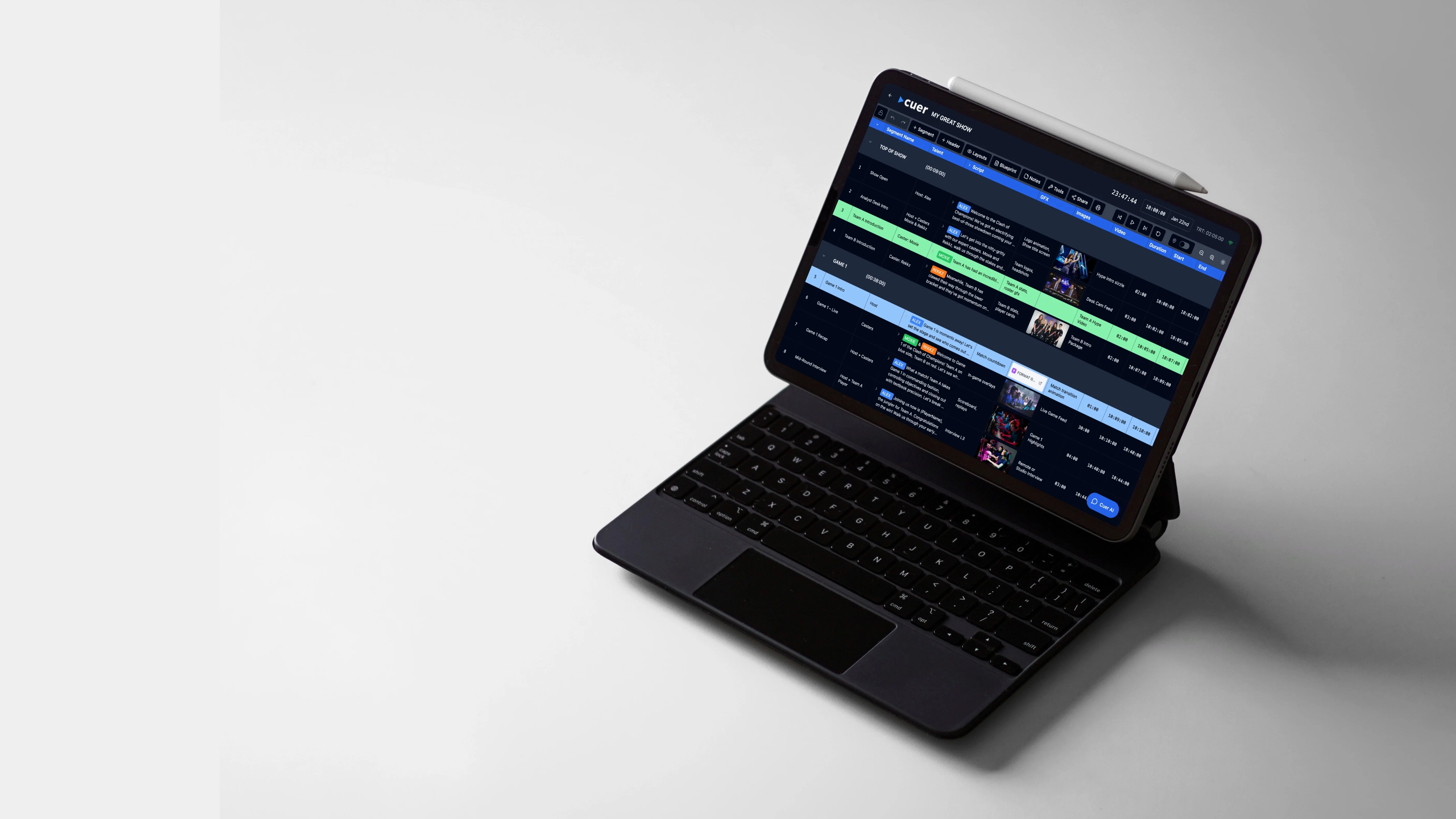 Cuer rundown software on iPad tablet