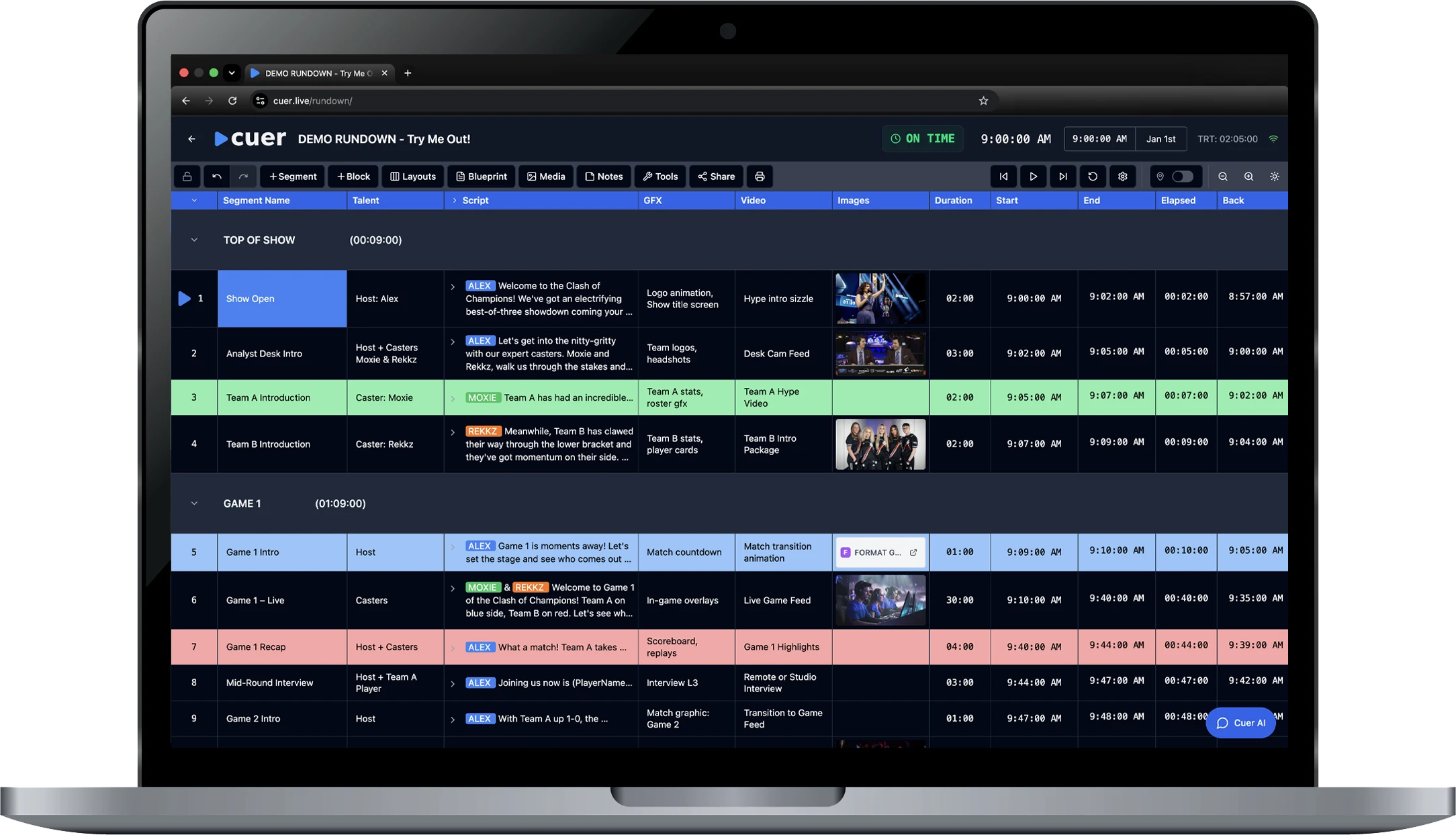 Cuer Live Professional Rundown Software Interface for Broadcast Production